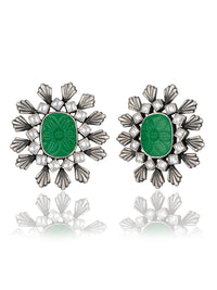 Big Green Carved Stone and Pearl Studs view 1