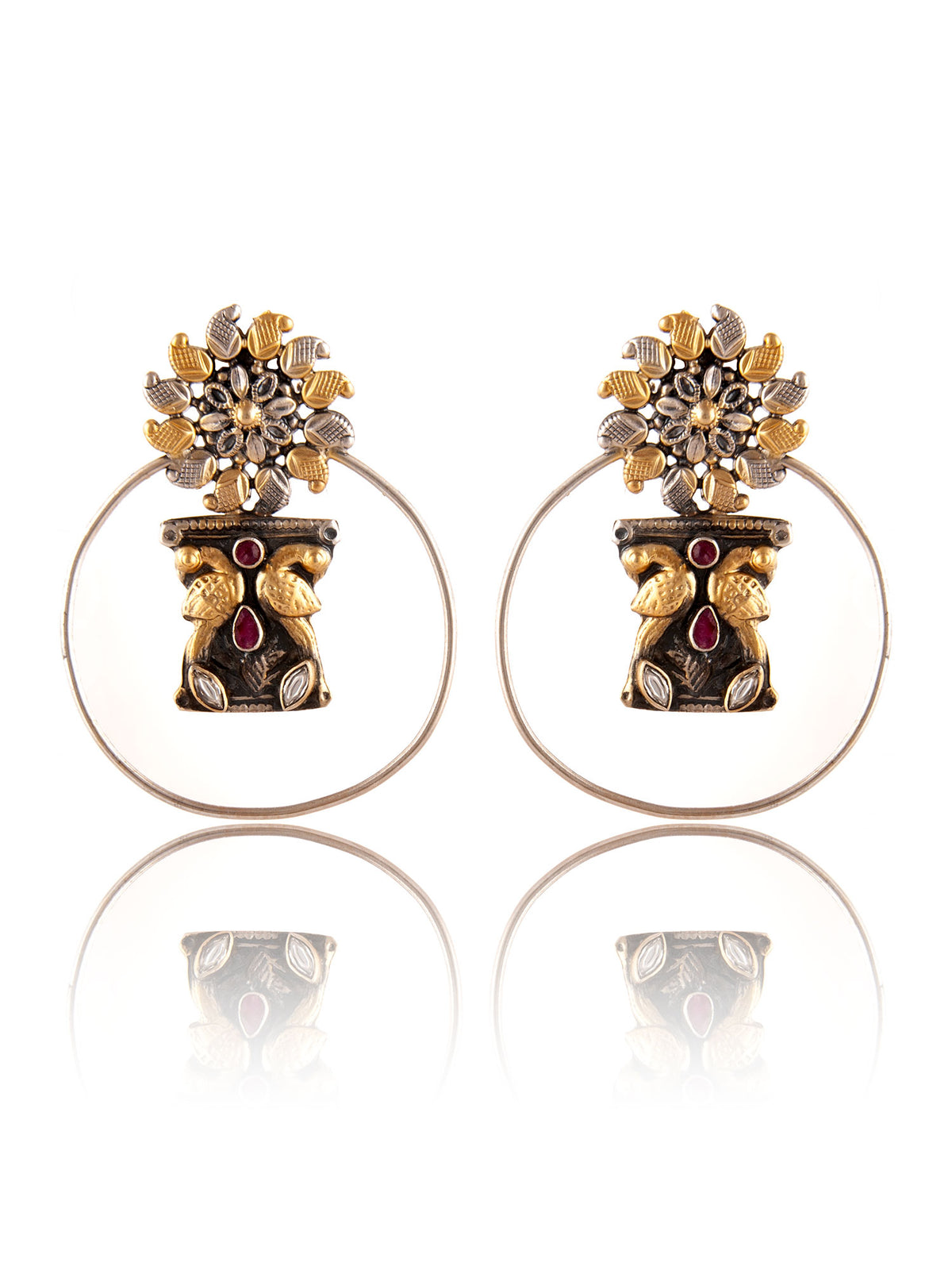 925 Sterling Silver Two Tone 22K Gold Plated Studs Earring With Pink Ruby and White  Kundan view 4
