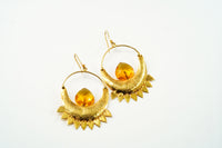 Gold Half Moon Earring with Yellow Stone view 1