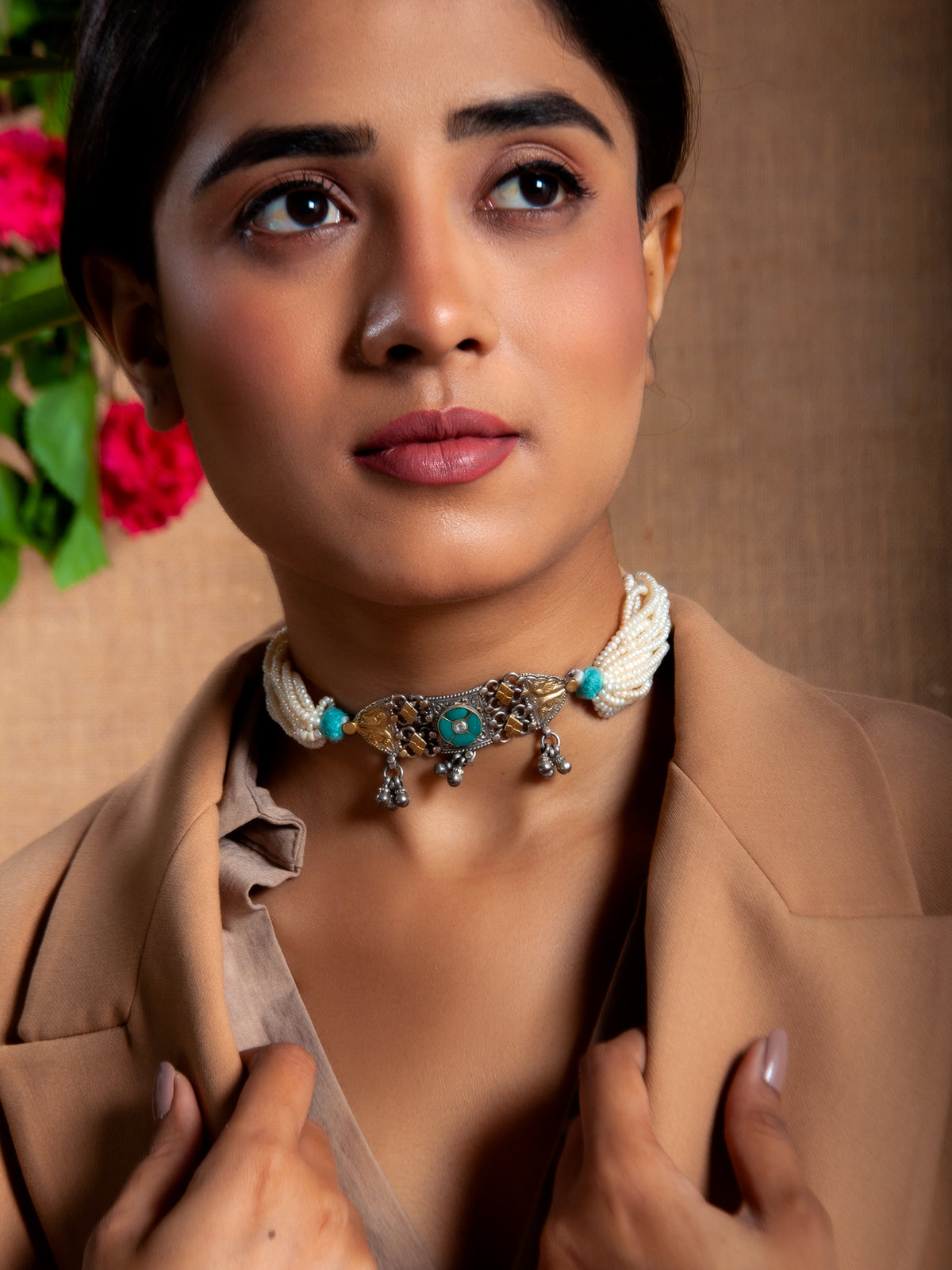 Two Tone Pearl Turquoise Kundan Choker view 2
