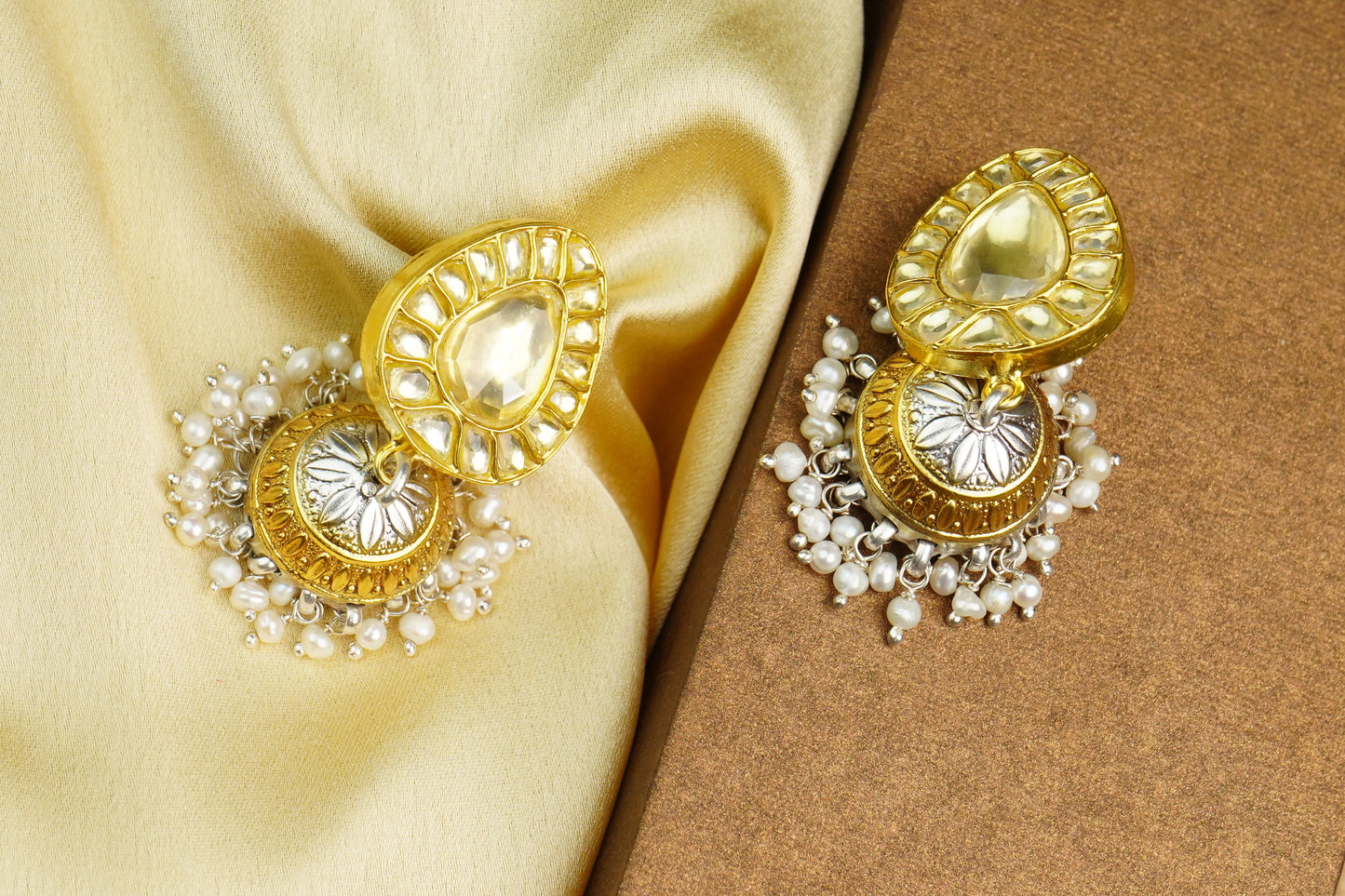 925 Silver Gold Plated White Kundan Paan Jhumki Earrings - Neeta Boochra Jewellery