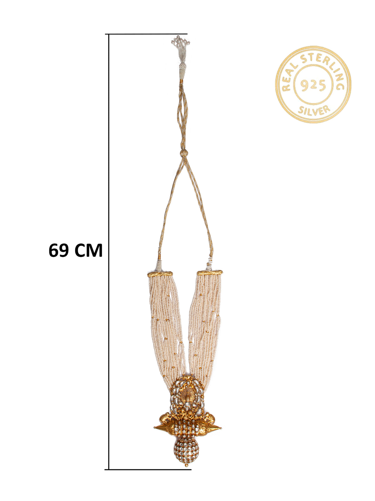 925 Sterling Silver 22K Gold Plated Pearl Beaded Peacock Design Necklace With Kundan Polki view 6
