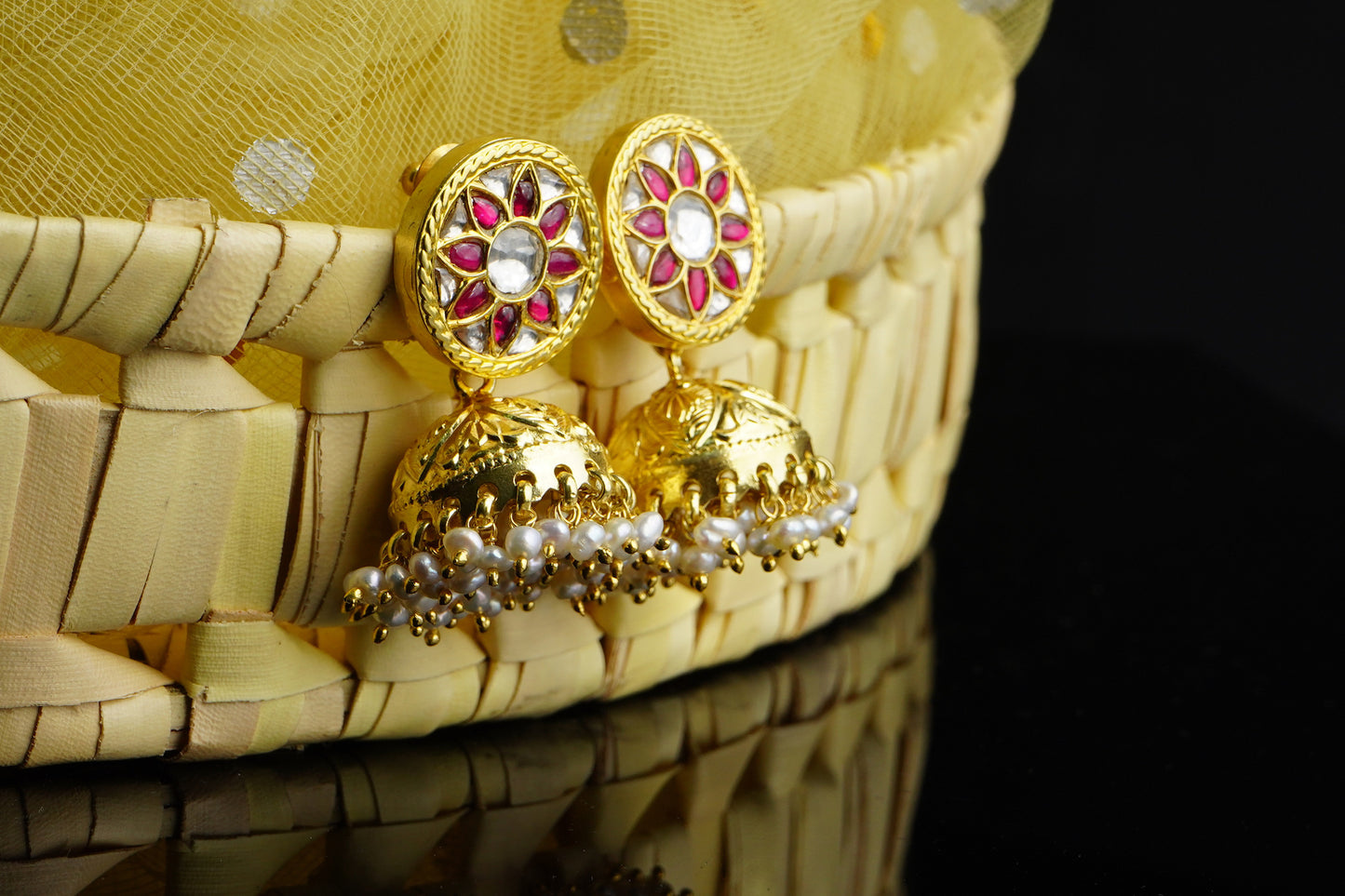 925 Silver Gold Plated Silver and Red Kundan Jhumki Earrings - Neeta Boochra Jewellery