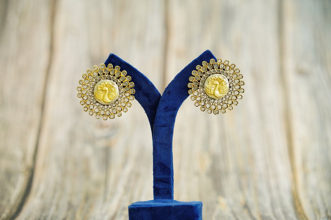 925 Silver Gold Plated Peacock Earrings with Checker Stones - Neeta Boochra Jewellery