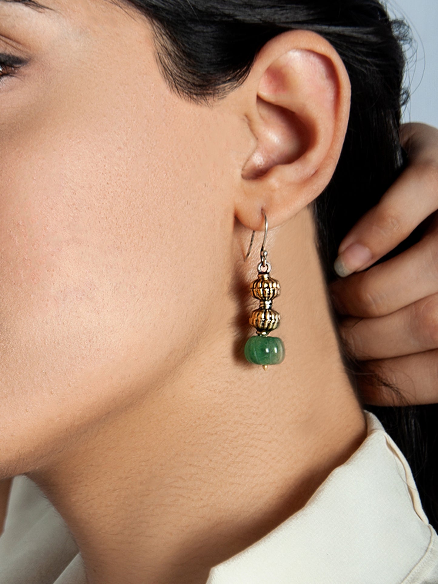 925 Sterling Silver Two Tone Bead Earrings with Melon Cut Green Onyx