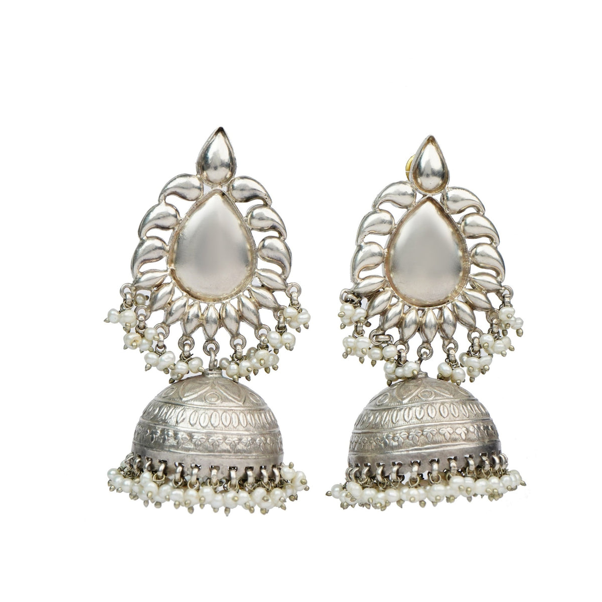 Silver Jhumkis with Pearls view 1