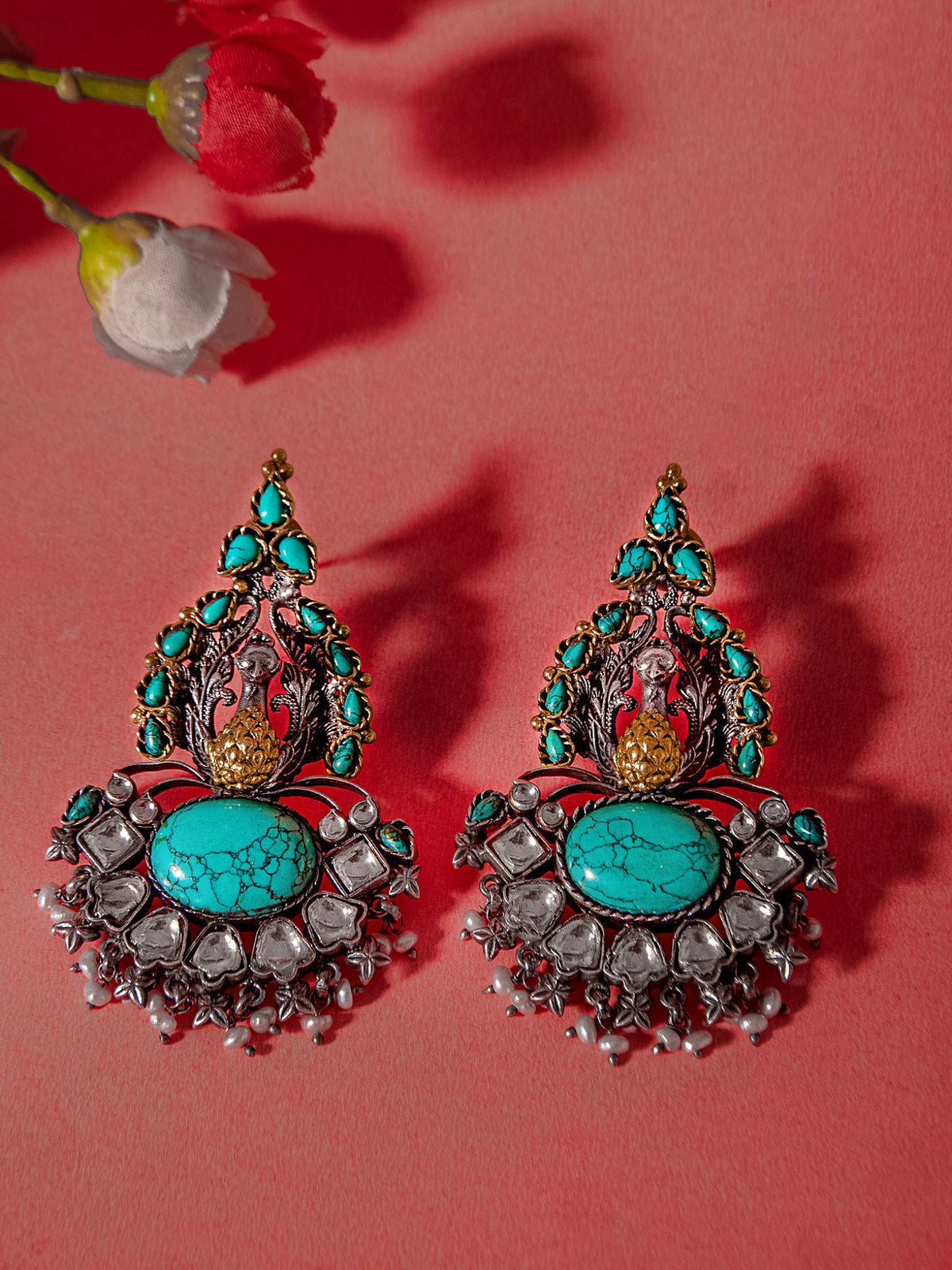 Aurora Peacock Turquoise Statement Earrings with Kundan view 2