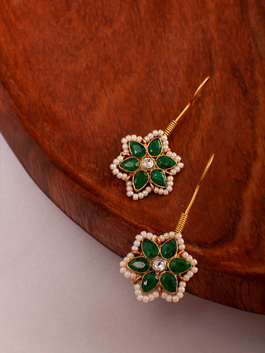 925 Sterling Silver 22K Gold Plated Green Onyx Earring With Pearl and White Kundan
