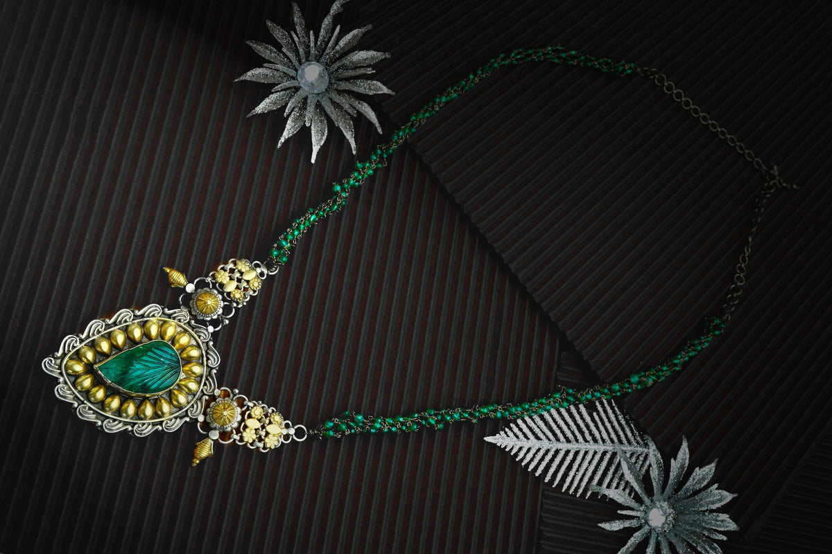 Silver Two Tone Necklace with Green Stone and Emerald Beads view 4