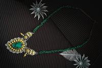 Silver Two Tone Necklace with Green Stone and Emerald Beads view 4