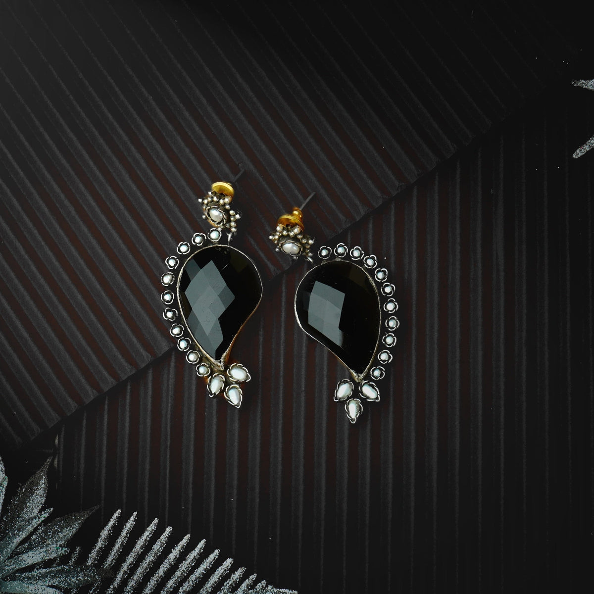 Silver Earrings with Black Onyx and Pearls view 1