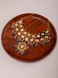 925 Sterling Silver 22K Gold Plated White Kundan Necklace With Green Quartz, Ruby and Pearl view 2