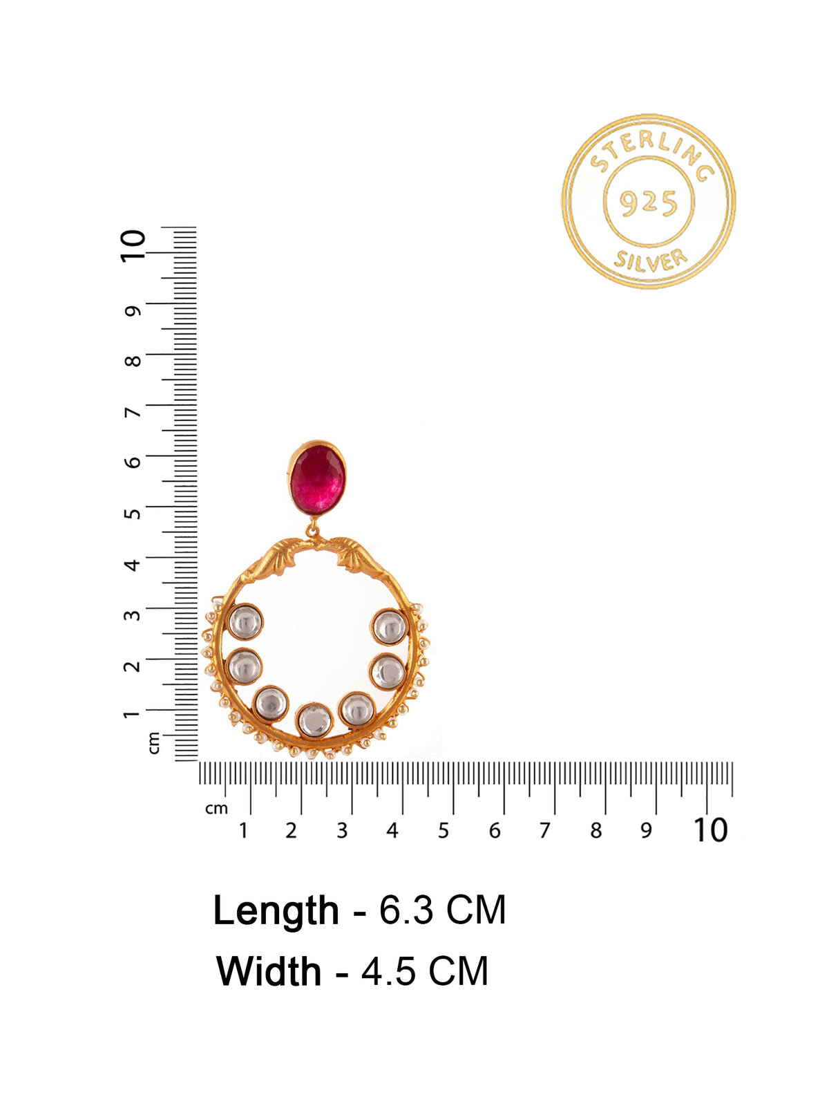 925 Sterling Silver 22K Gold Plated Chaandbali Kundan Earring With Ruby Gemstone and Pearl view 4