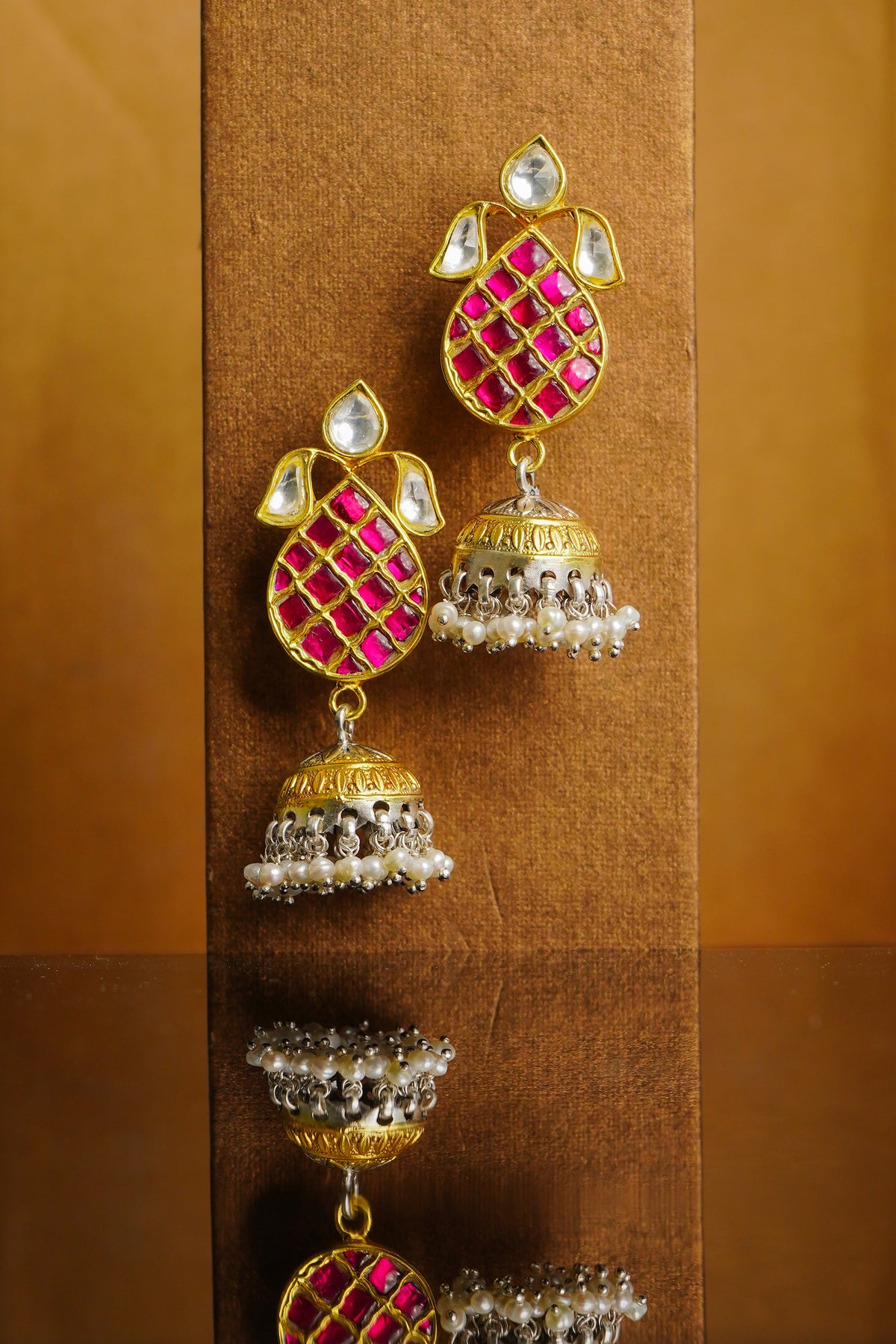 925 Silver Gold Plated White and Red Oval Jhumki Earrings view 3