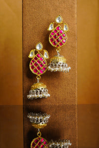 925 Silver Gold Plated White and Red Oval Jhumki Earrings view 3