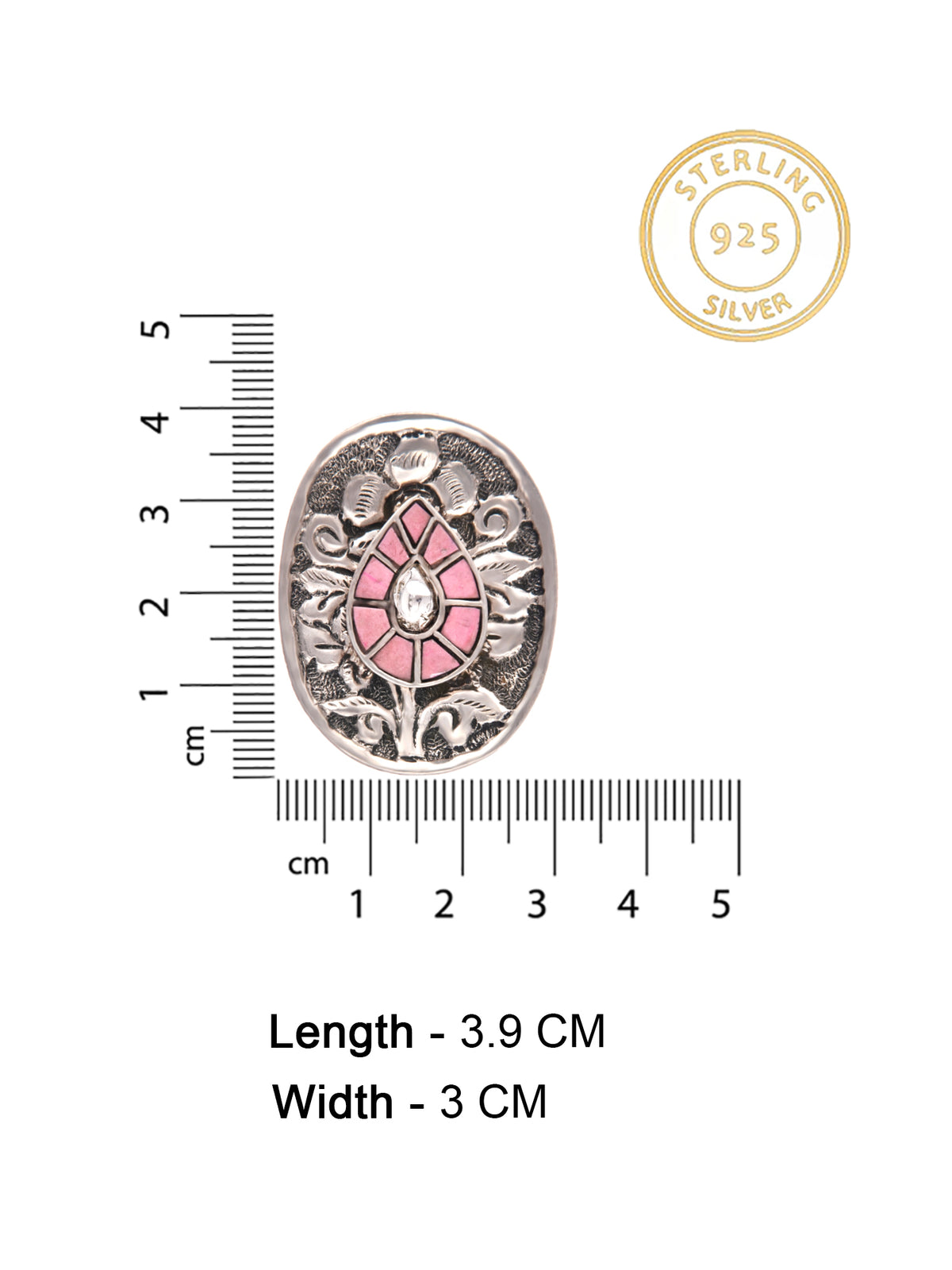 Silver Pink Pear Motif Kundan Ring view 4