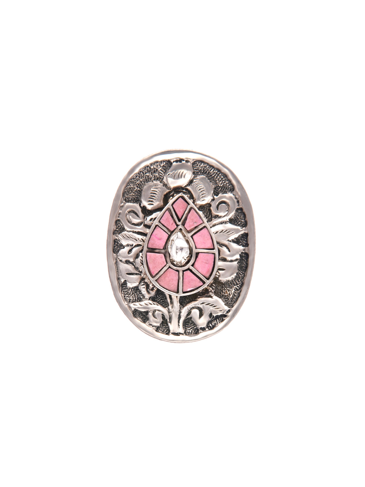 Silver Pink Pear Motif Kundan Ring view 3