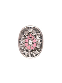 Silver Pink Pear Motif Kundan Ring view 3