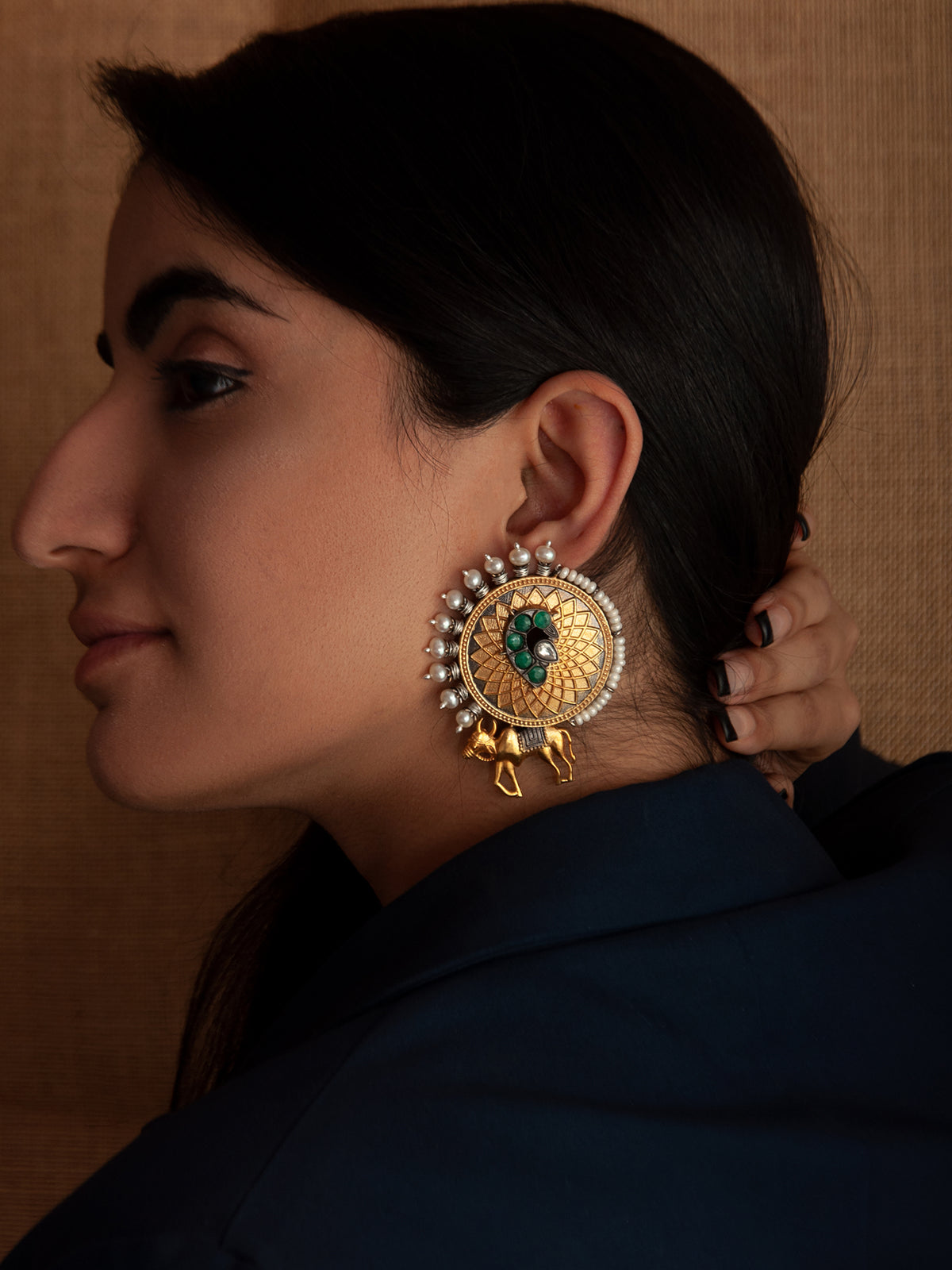 925 Sterling Silver Two Tone Gold Plated Nandi Studs Earrings With Pearl, Green Onyx and Kundan Gemstone view 2