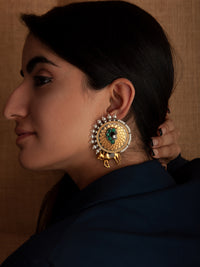 925 Sterling Silver Two Tone Gold Plated Nandi Studs Earrings With Pearl, Green Onyx and Kundan Gemstone view 2