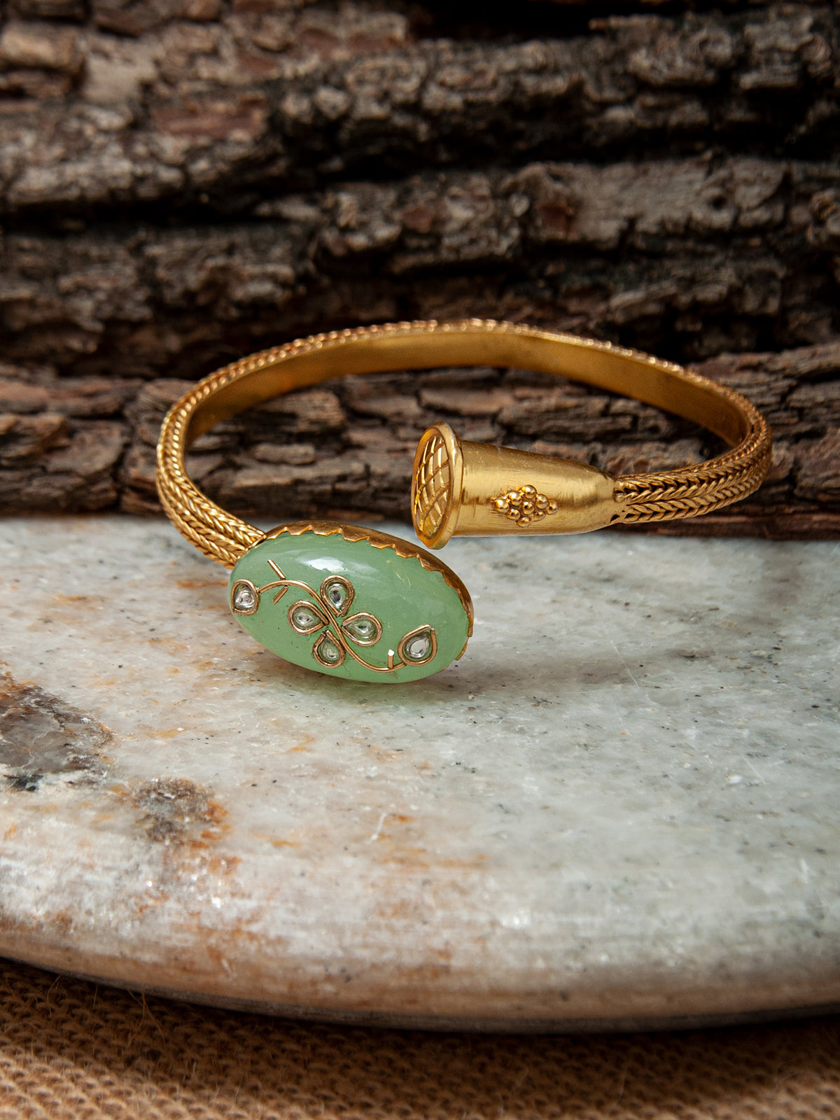 925 Sterling Silver Gold Plated Fusion Bangle with Chalcedony and Kundan work view 2