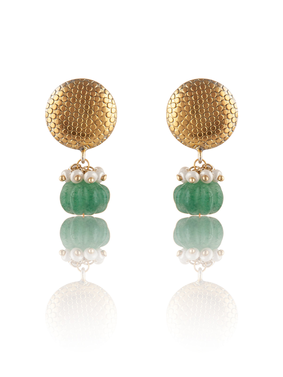 925 Sterling Silver Gold Plated Studs with Melon Cut Green Onyx and Pearl view 3