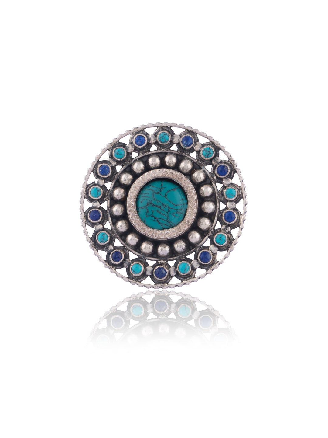 Turquoise and Blue Lapis Gemstone Adjustable Ring with Rawa Work view 2