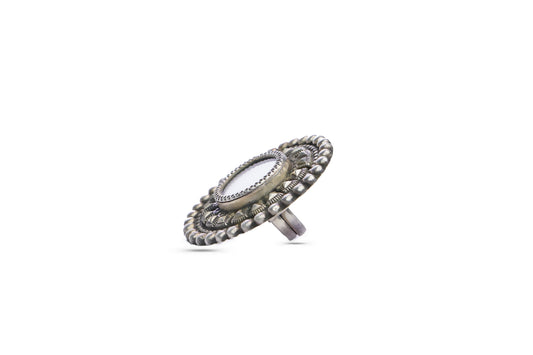Silver Oxidized Rawa Ring with Mirror - Neeta Boochra Jewellery