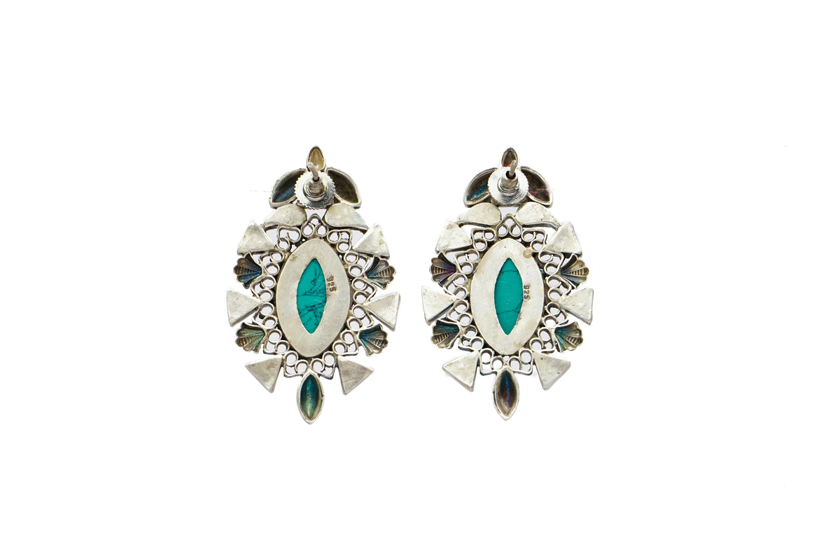 Silver Stud Earrings with Turquoise and Pearls view 2