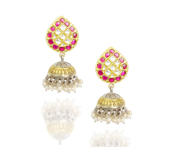 925 Silver Gold Plated Red and White Kundan Paan Jhumki Earrings