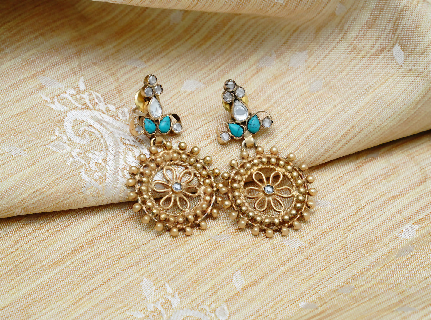 925 Silver Gold Plated Net Earrings with Turquoise - Neeta Boochra Jewellery