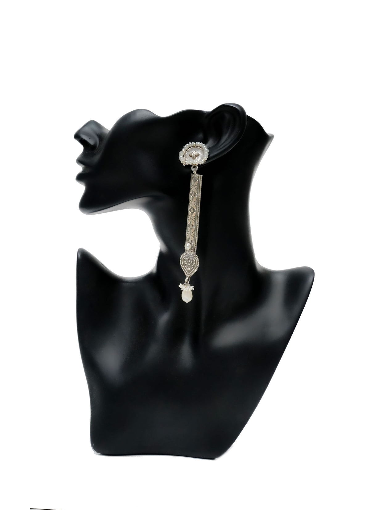 925 Silver Long Paan Earrings with Pearls view 3