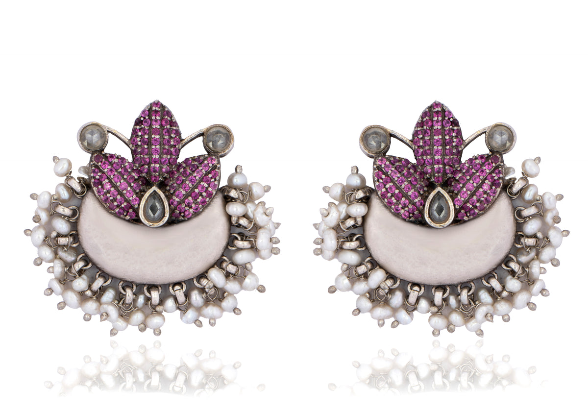 925 Sterling Silver Pink Floral Earrings with Pearls view 1