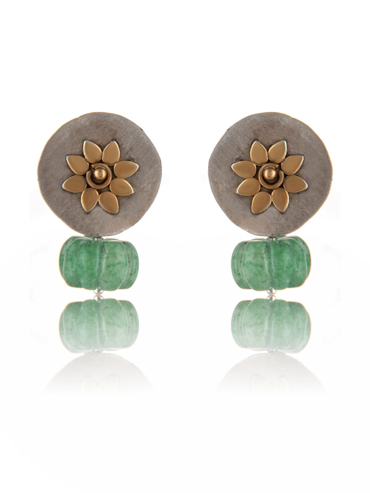 925 Sterling Silver Two Tone Sunflower Earrings with Melon Cut Green Onyx Drop view 3