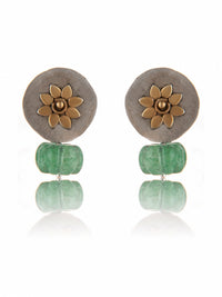 925 Sterling Silver Two Tone Sunflower Earrings with Melon Cut Green Onyx Drop view 3
