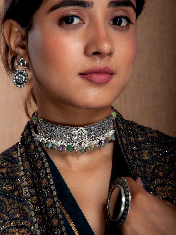 Silver Fusion Kundan Multicolor Drop Choker alternate