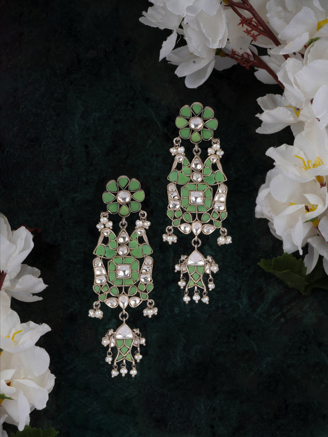 925 Sterling Silver Kundan Earrings with Fish Motif view 3