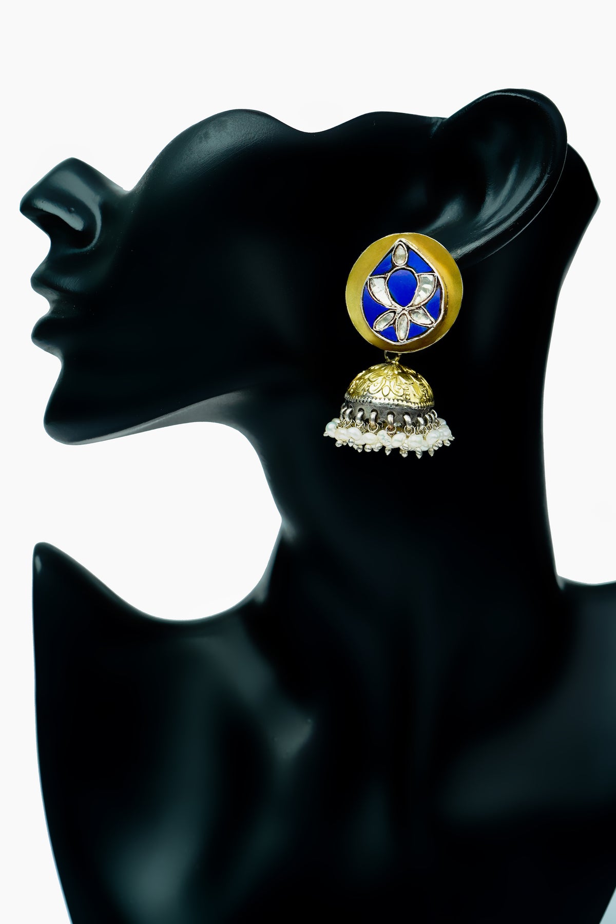 Neeta Boochra Signature Silver Lotus Blue Jhumki Earrings view 4