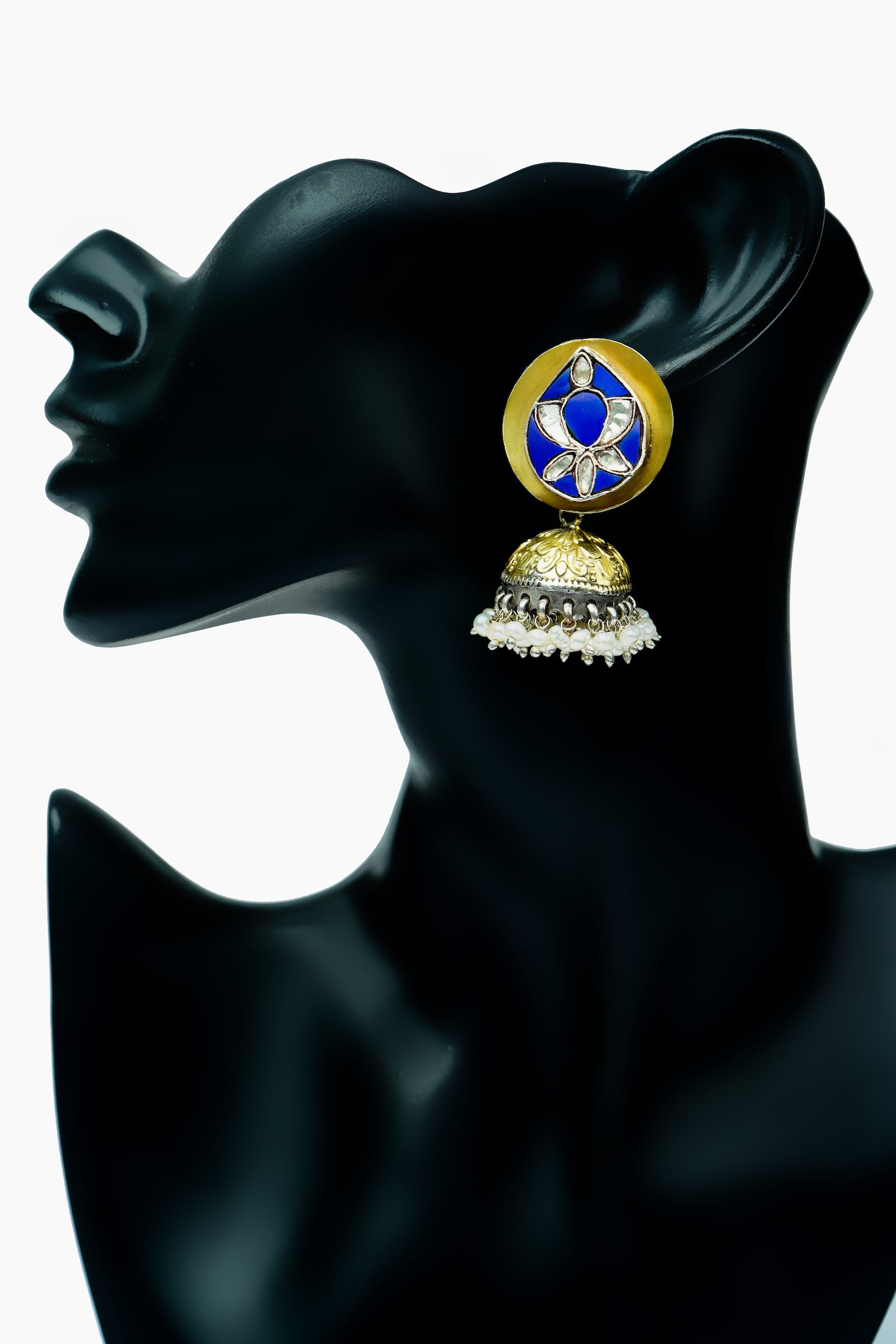 Neeta Boochra Signature Silver Lotus Blue Jhumki Earrings - Neeta Boochra Jewellery