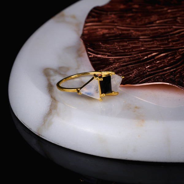 925 Silver Gold Plated Moonstone Black Onyx Ring