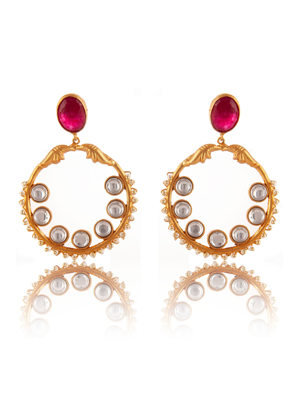 925 Sterling Silver 22K Gold Plated Chaandbali Kundan Earring With Ruby Gemstone and Pearl view 6