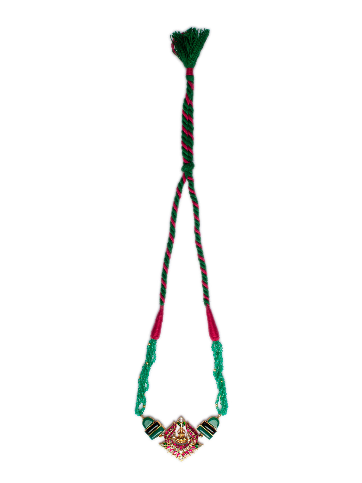 925 Sterling Silver 22K Gold Plated Green Onyx, Black Onyx Gemstone Necklace With Pink and White Kundan view 6