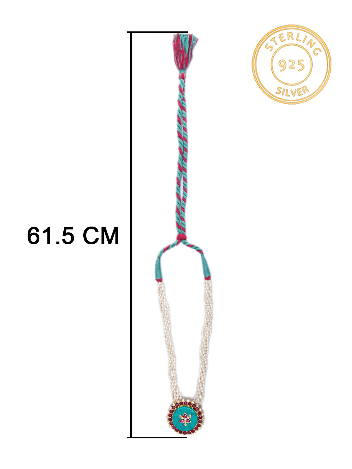 925 Sterling Silver 22K Gold Plated Pearl Beaded Necklace With Turquoise, Ruby Gemstone view 4