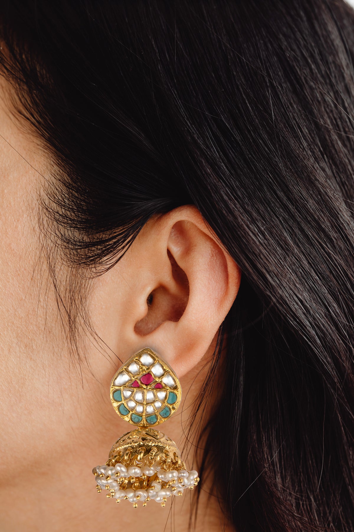 925 Sterling Silver Gold Plated Kundan Jhumki view 3