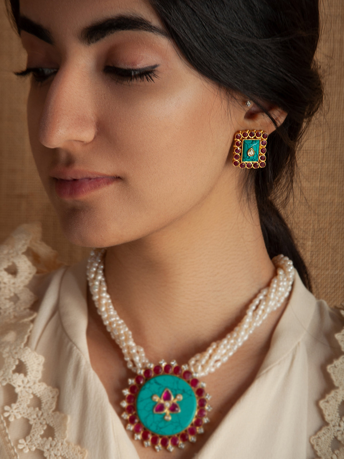 925 Sterling Silver 22K Gold Plated Turquoise, Ruby, Kundan Studs Earring view 1