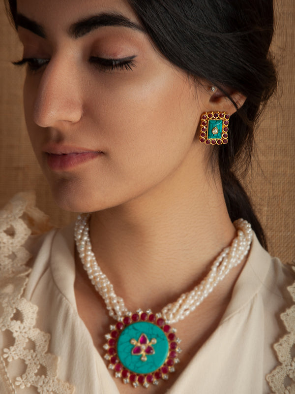 925 Sterling Silver 22K Gold Plated Turquoise, Ruby, Kundan Studs Earring