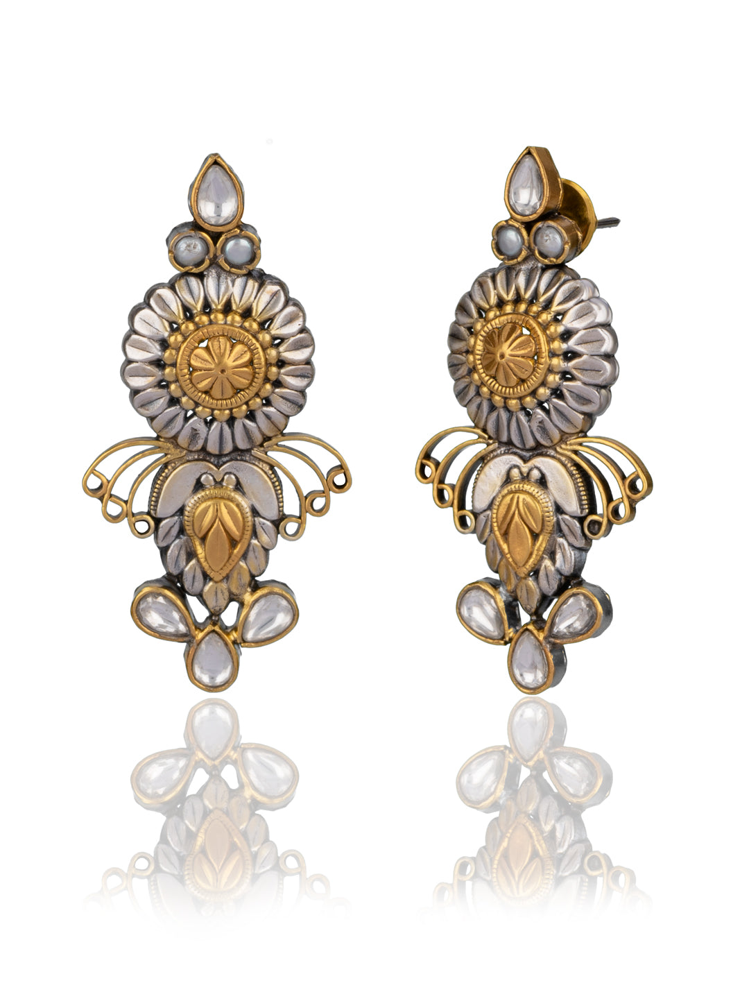 Two Toned Intricate Studs with Kundan view 1