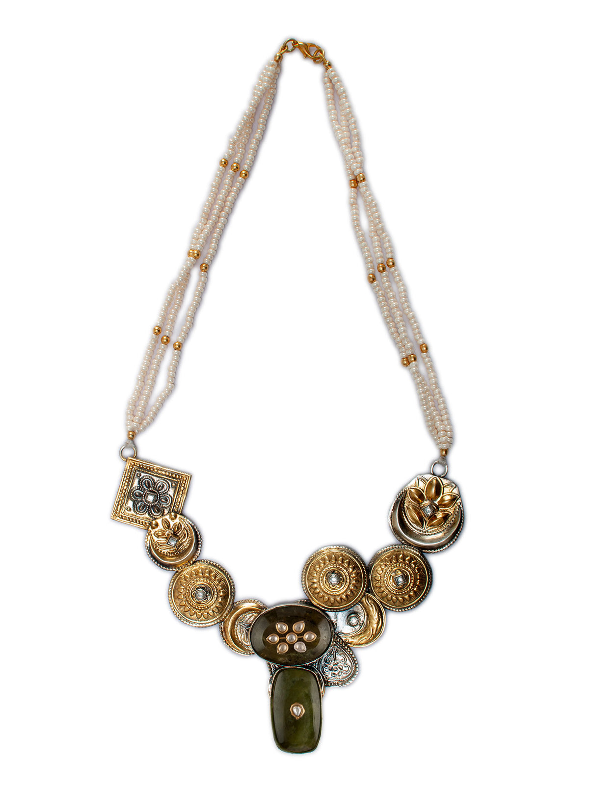 925 Sterling Silver Two Tone 22K Gold Plated Pearl Beaded Necklace With Aventurine Gemstone and White Kundan view 6