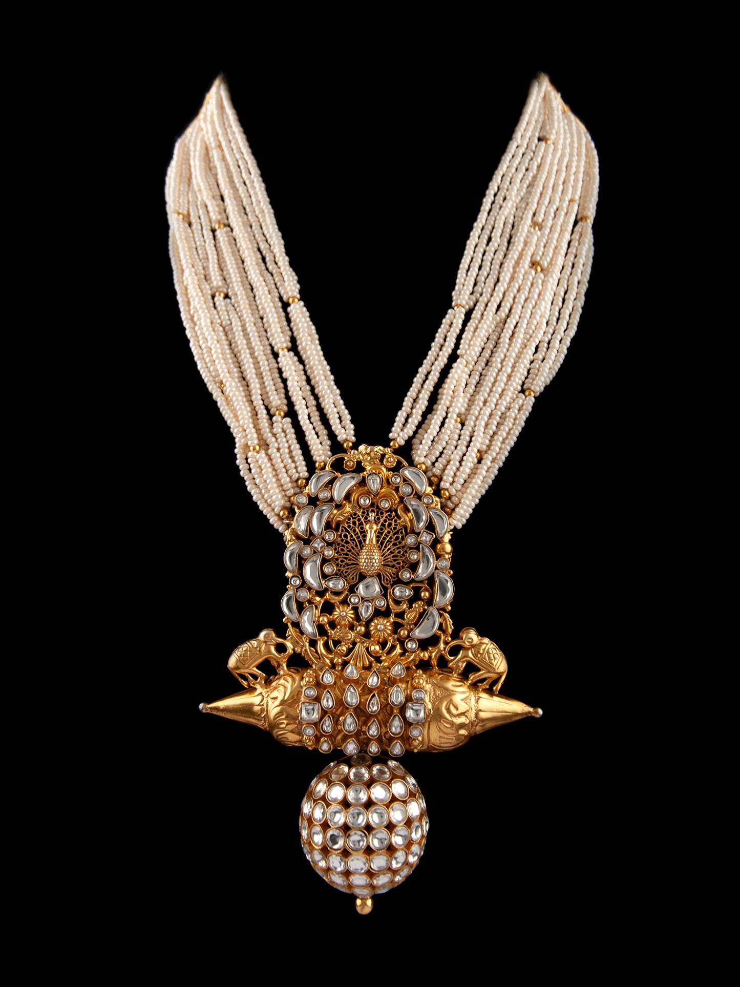 925 Sterling Silver 22K Gold Plated Pearl Beaded Peacock Design Necklace With Kundan Polki