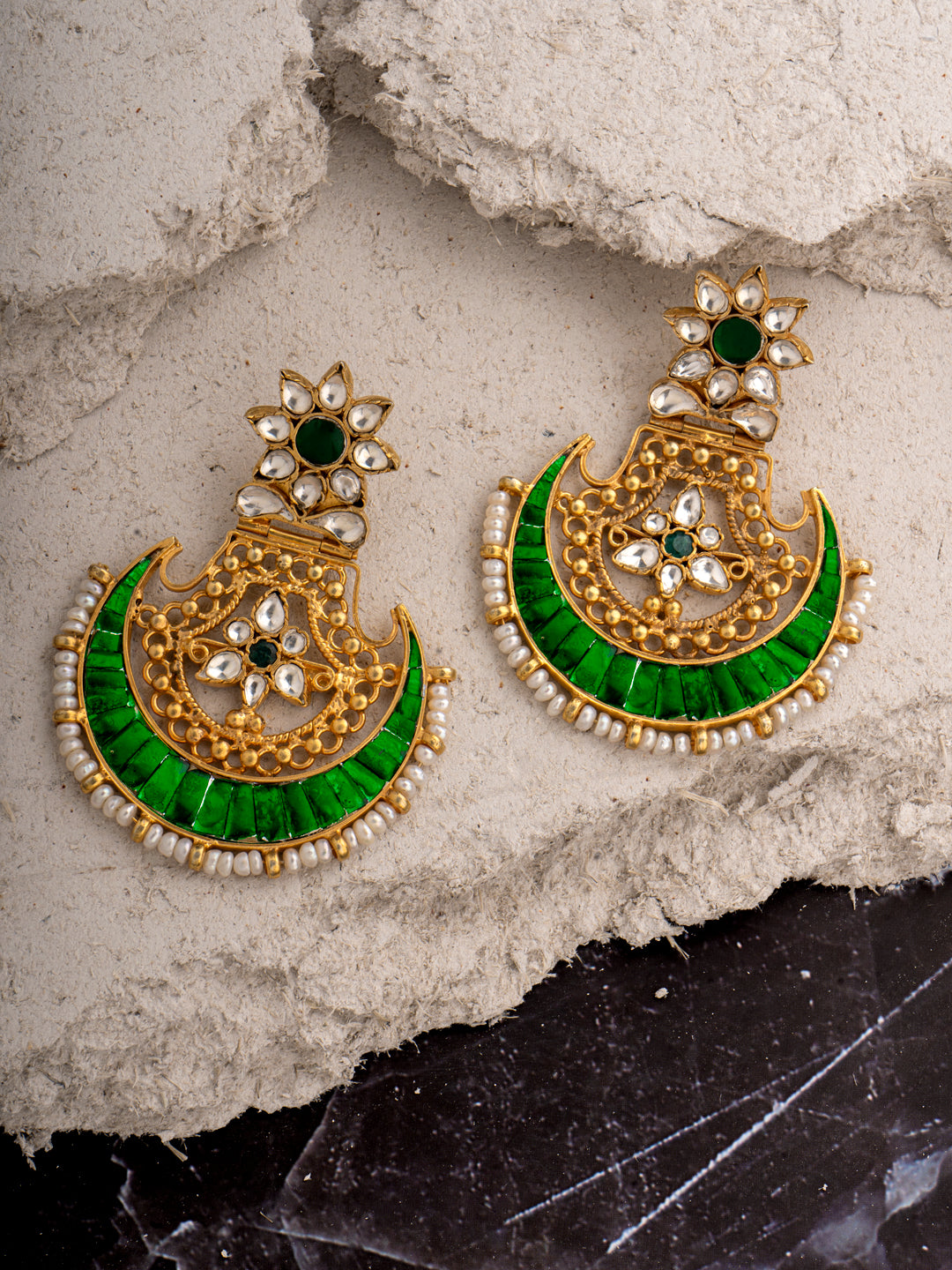 925 Sterling Silver Gold Plated Kundan Chaandbali Earrings view 3